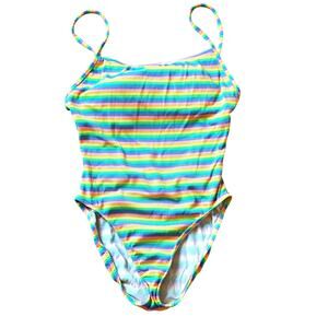 Vintage Surfside Neon Stripe One-Piece Swimsuit High-Cut Leg Women’s Size M